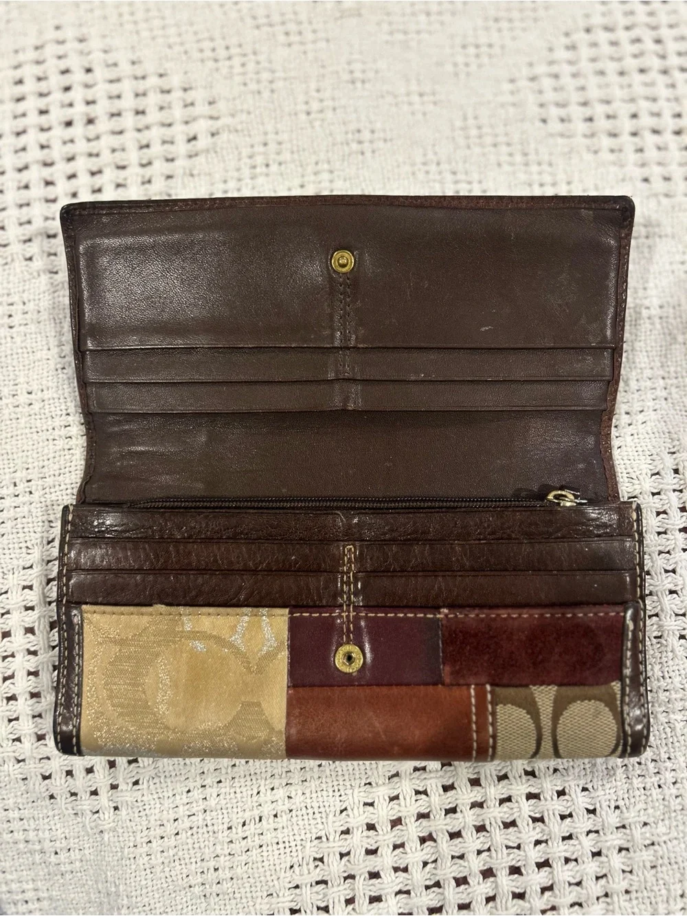 Coach Patchwork Leather & Fabric Trifold Wallet - cow print Merlot